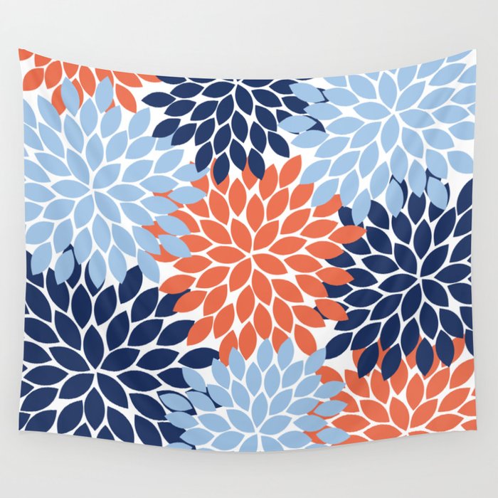 Navy Blue Orange Flower Burst Floral Pattern Dahlia Flower Petals Wall Tapestry Gallery Image 1