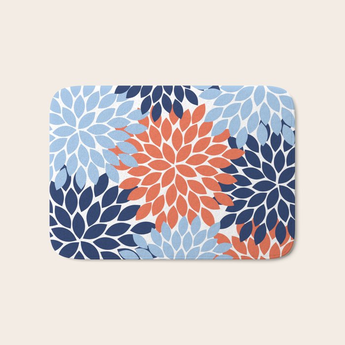 Navy Blue Orange Flower Burst Floral Pattern Dahlia Flower Petals Bath Mat Gallery Image 1