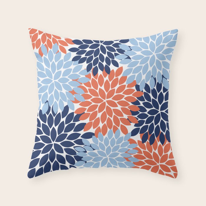 Navy Blue Orange Flower Burst Floral Pattern Dahlia Flower Petals Throw Pillow Gallery Image 1
