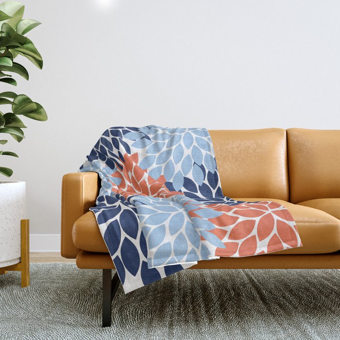 Navy Blue Orange Flower Burst Floral Pattern Dahlia Flower Petals Throw Blanket Gallery Image 1
