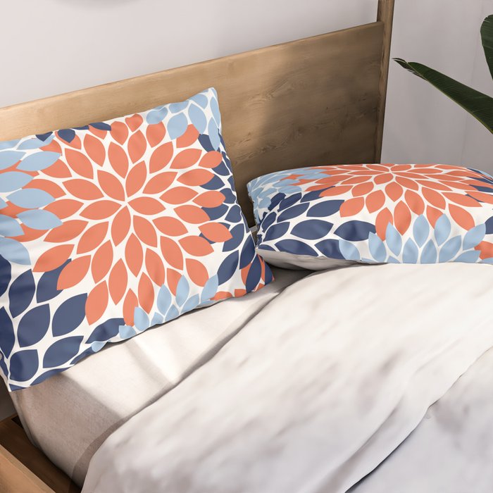 Navy Blue Orange Flower Burst Floral Pattern Dahlia Flower Petals Pillow Sham Gallery Image 2