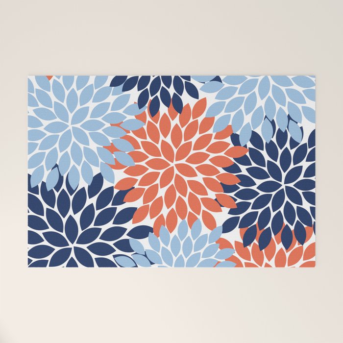 Navy Blue Orange Flower Burst Floral Pattern Dahlia Flower Petals Welcome Mat