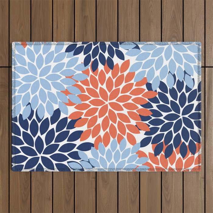Navy Blue Orange Flower Burst Floral Pattern Dahlia Flower Petals Outdoor Rug Gallery Image 1