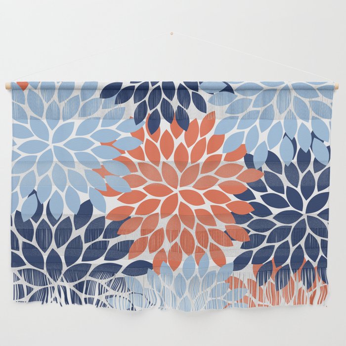Navy Blue Orange Flower Burst Floral Pattern Dahlia Flower Petals Wall Hanging Gallery Image 1
