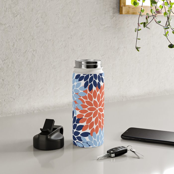 Navy Blue Orange Flower Burst Floral Pattern Dahlia Flower Petals Water Bottle Gallery Image 4