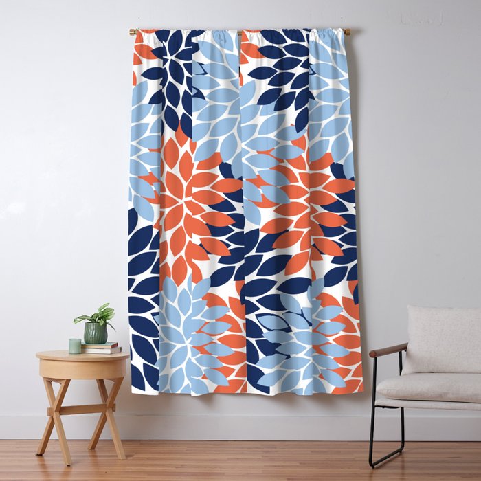 Navy Blue Orange Flower Burst Floral Pattern Dahlia Flower Petals Window Curtain Gallery Image 1