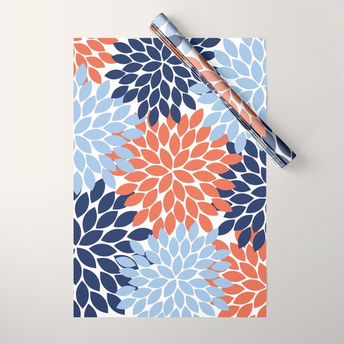 Navy Blue Orange Flower Burst Floral Pattern Dahlia Flower Petals Wrapping Paper Gallery Image 1