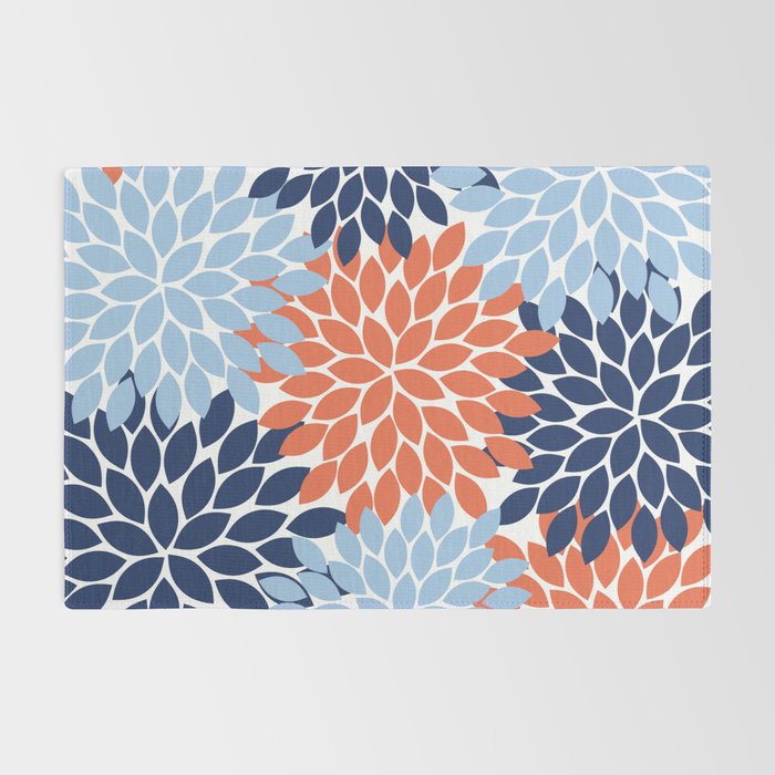 Navy Blue Orange Flower Burst Floral Pattern Dahlia Flower Petals Rug Gallery Image 2