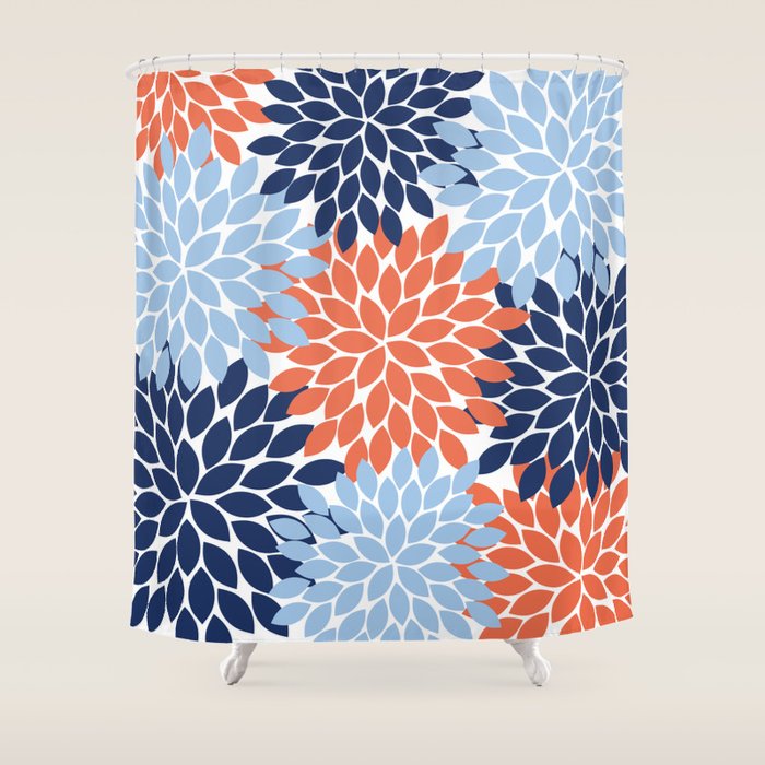 Navy Blue Orange Flower Burst Floral Pattern Dahlia Flower Petals Shower Curtain Gallery Image 1