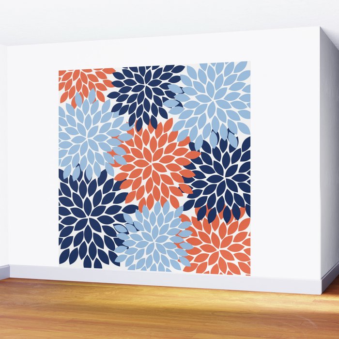 Navy Blue Orange Flower Burst Floral Pattern Dahlia Flower Petals Wall Mural Gallery Image 2