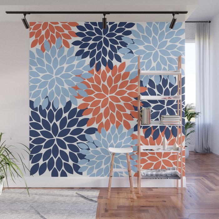 Navy Blue Orange Flower Burst Floral Pattern Dahlia Flower Petals Wall Mural Gallery Image 1