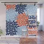 Navy Blue Orange Flower Burst Floral Pattern Dahlia Flower Petals Wall Mural Gallery Image 1