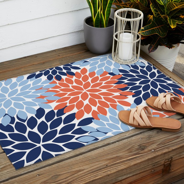 Navy Blue Orange Flower Burst Floral Pattern Dahlia Flower Petals Outdoor Rug Gallery Image 2