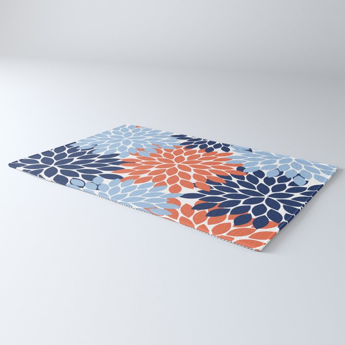 Navy Blue Orange Flower Burst Floral Pattern Dahlia Flower Petals Rug Gallery Image 3