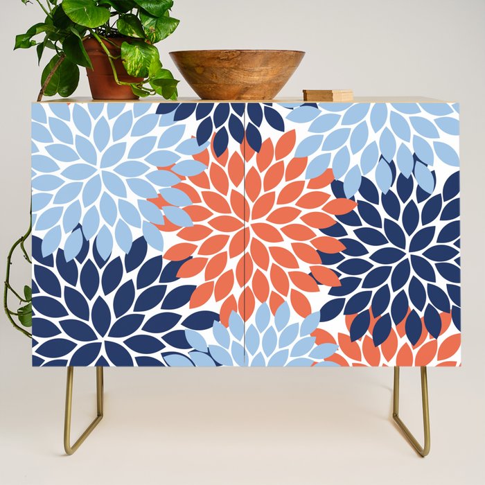 Navy Blue Orange Flower Burst Floral Pattern Dahlia Flower Petals Credenza Gallery Image 1