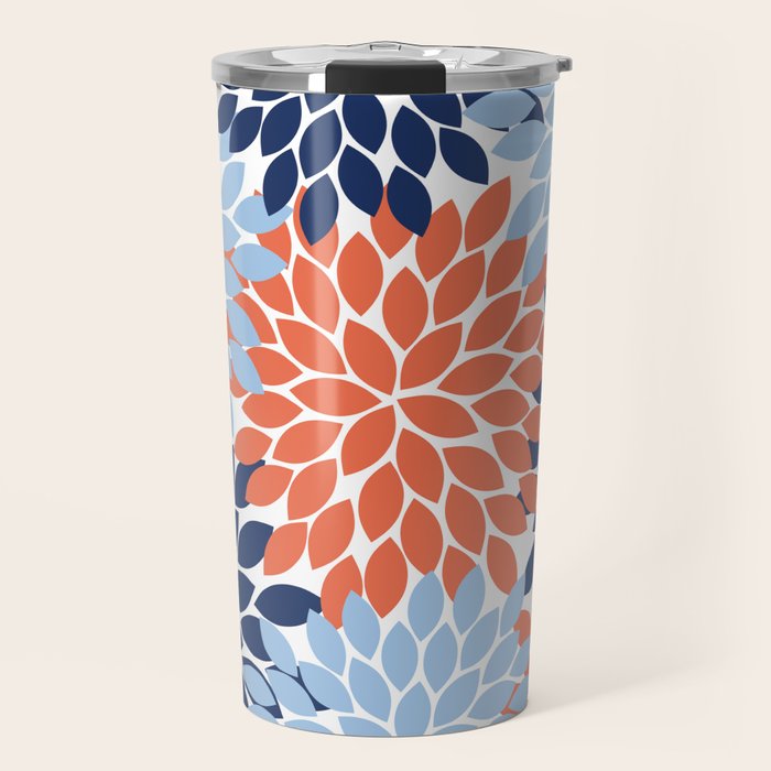 Navy Blue Orange Flower Burst Floral Pattern Dahlia Flower Petals Travel Mug Gallery Image 1