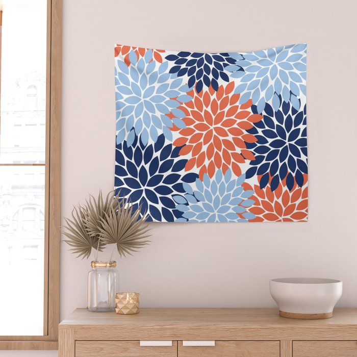 Navy Blue Orange Flower Burst Floral Pattern Dahlia Flower Petals Wall Tapestry Gallery Image 2