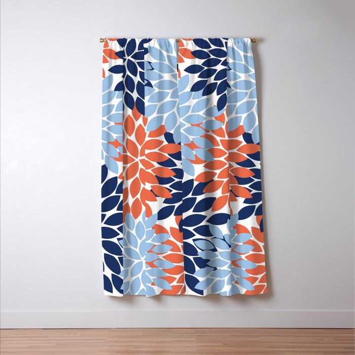 Navy Blue Orange Flower Burst Floral Pattern Dahlia Flower Petals Window Curtain Gallery Image 3