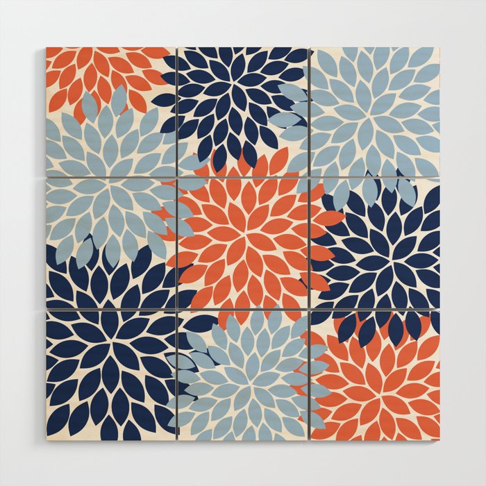Navy Blue Orange Flower Burst Floral Pattern Dahlia Flower Petals Wood Wall Art