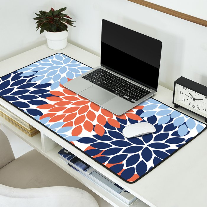 Navy Blue Orange Flower Burst Floral Pattern Dahlia Flower Petals Desk Mat Gallery Image 2