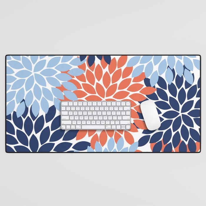 Navy Blue Orange Flower Burst Floral Pattern Dahlia Flower Petals Desk Mat Gallery Image 1