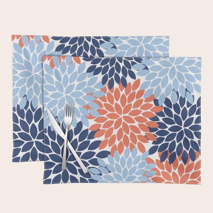 Navy Blue Orange Flower Burst Floral Pattern Dahlia Flower Petals Placemat Gallery Image 1