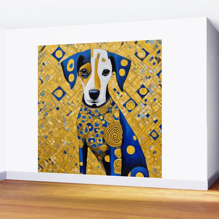 Gustav Klimt Style Dog with Blue and Gold Geometric Patterns Wall Mural Gallery Image 2