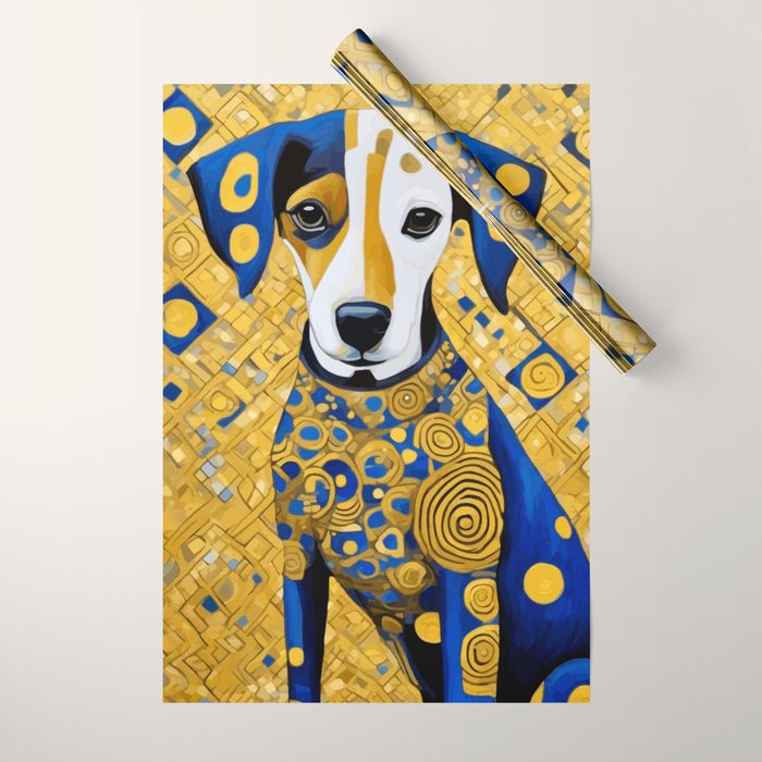 Gustav Klimt Style Dog with Blue and Gold Geometric Patterns Wrapping Paper Gallery Image 1