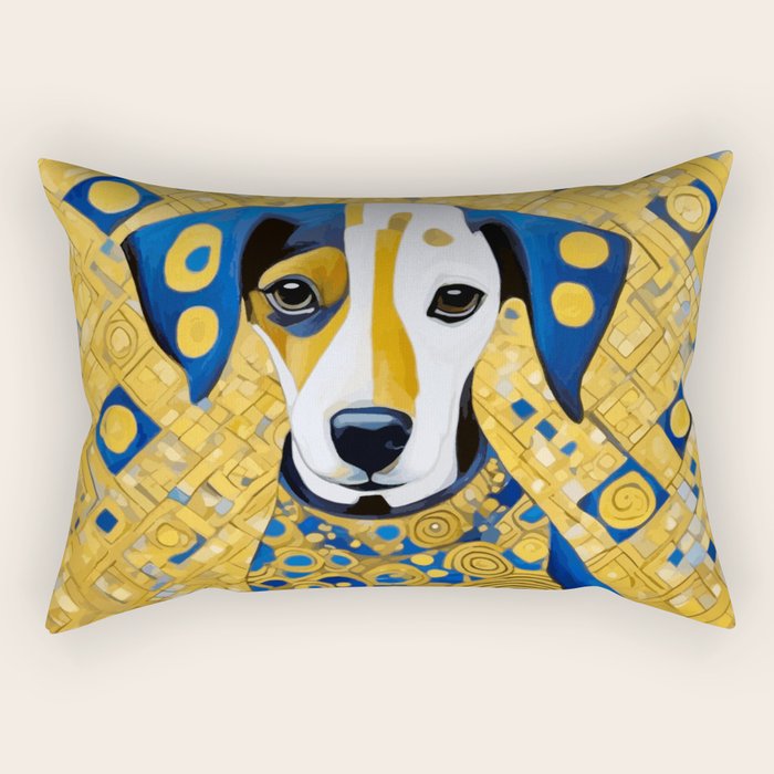 Gustav Klimt Style Dog with Blue and Gold Geometric Patterns Rectangular Pillow Gallery Image 1