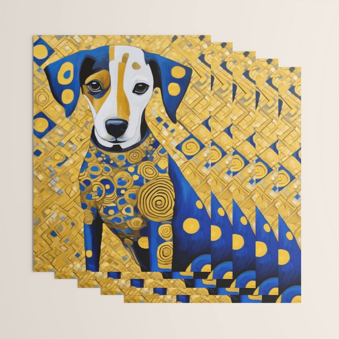 Gustav Klimt Style Dog with Blue and Gold Geometric Patterns Wrapping Paper Gallery Image 3