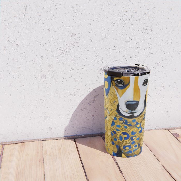 Gustav Klimt Style Dog with Blue and Gold Geometric Patterns Travel Mug Gallery Image 4