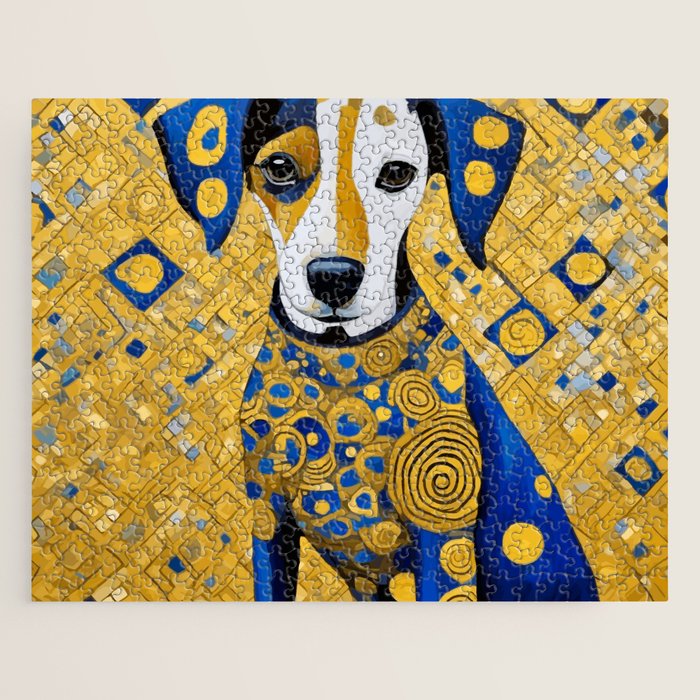 Gustav Klimt Style Dog with Blue and Gold Geometric Patterns Jigsaw Puzzle Gallery Image 1