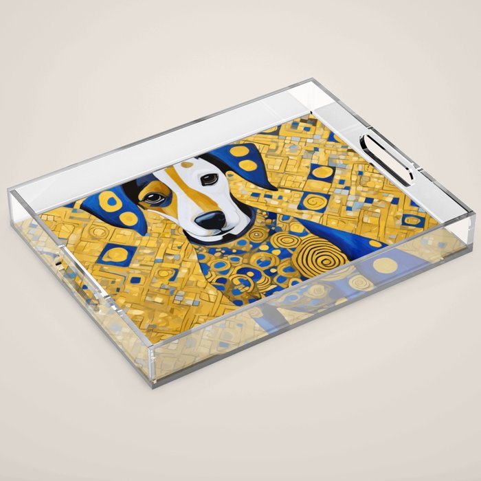 Gustav Klimt Style Dog with Blue and Gold Geometric Patterns Acrylic Tray Gallery Image 1