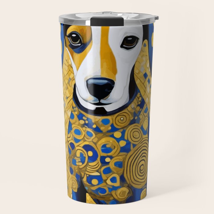 Gustav Klimt Style Dog with Blue and Gold Geometric Patterns Travel Mug Gallery Image 1
