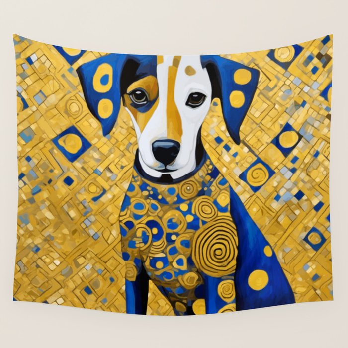 Gustav Klimt Style Dog with Blue and Gold Geometric Patterns Wall Tapestry Gallery Image 1