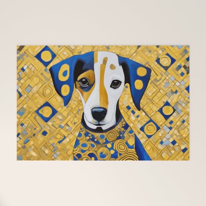 Gustav Klimt Style Dog with Blue and Gold Geometric Patterns Welcome Mat Gallery Image 1