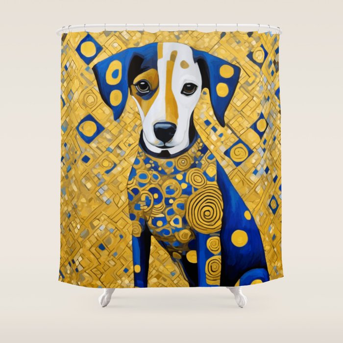 Gustav Klimt Style Dog with Blue and Gold Geometric Patterns Shower Curtain Gallery Image 1
