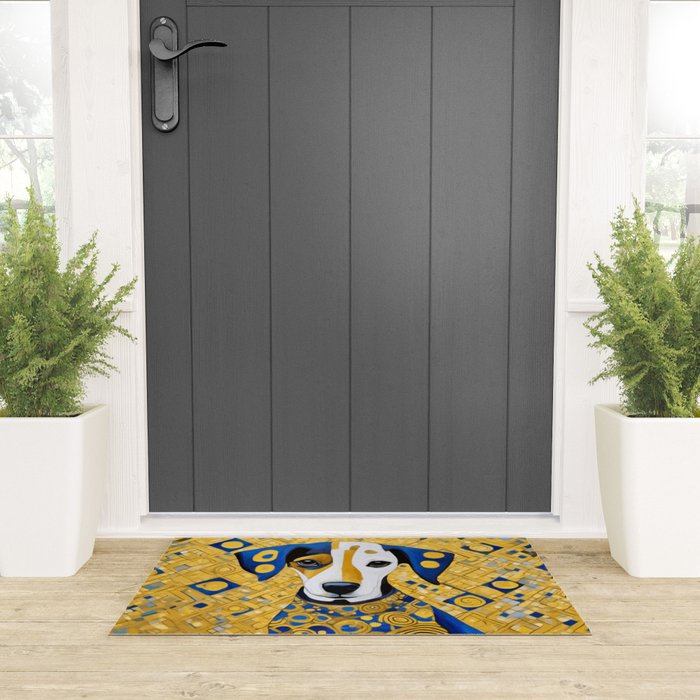 Gustav Klimt Style Dog with Blue and Gold Geometric Patterns Welcome Mat Gallery Image 3
