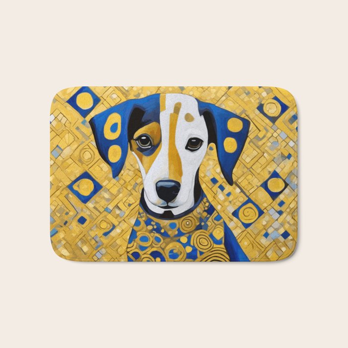 Gustav Klimt Style Dog with Blue and Gold Geometric Patterns Bath Mat Gallery Image 1