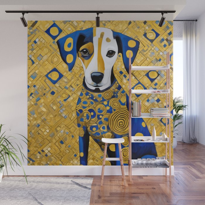 Gustav Klimt Style Dog with Blue and Gold Geometric Patterns Wall Mural Gallery Image 1