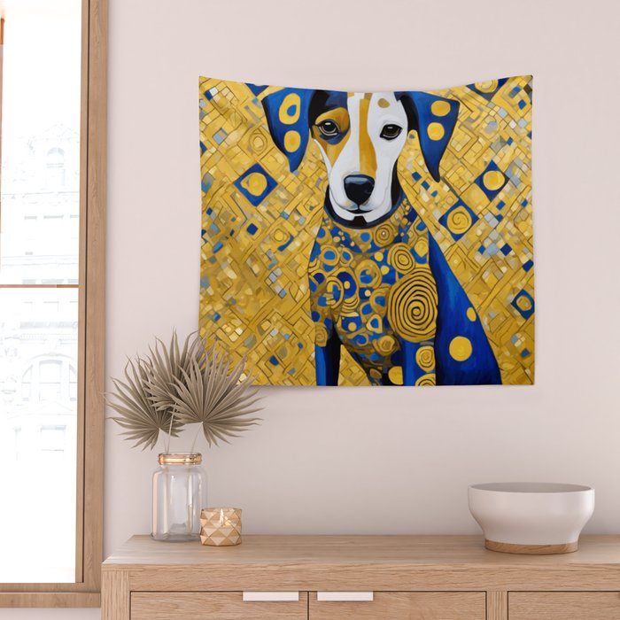 Gustav Klimt Style Dog with Blue and Gold Geometric Patterns Wall Tapestry Gallery Image 2