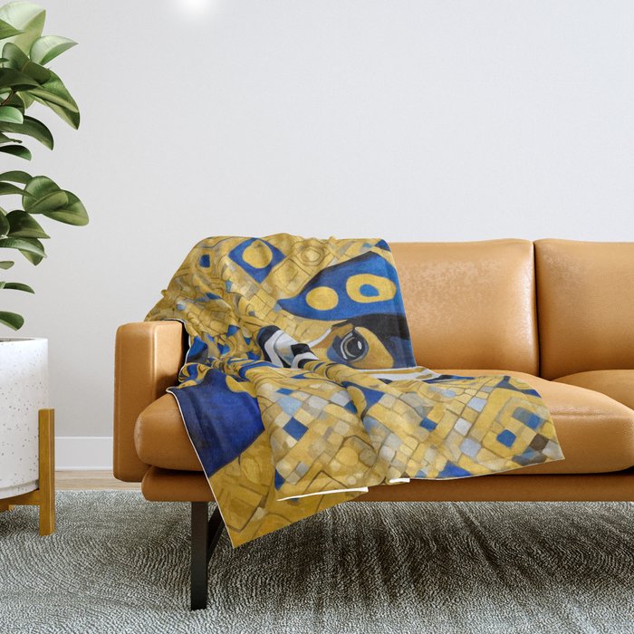 Gustav Klimt Style Dog with Blue and Gold Geometric Patterns Throw Blanket Gallery Image 1