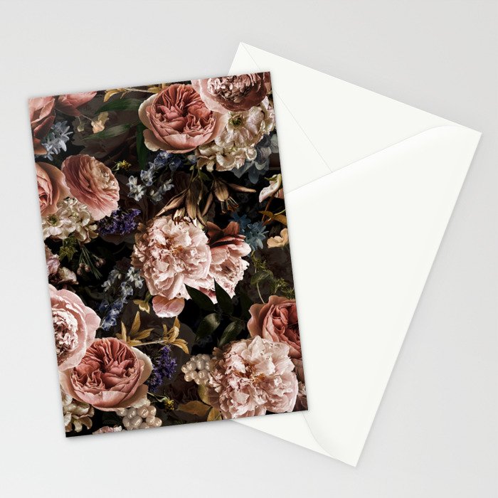 Vintage & Shabby Chic- Real Roses And Peonies Lush Midnight Flowers Botanical Garden Stationery Card Gallery Image 2