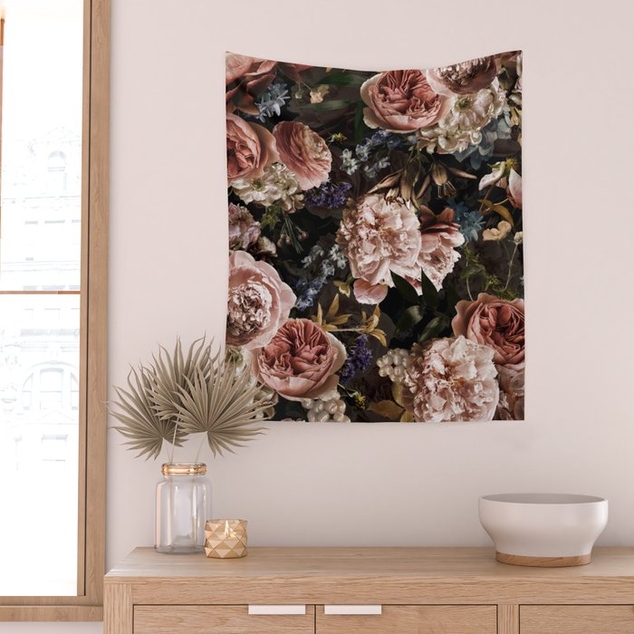 Vintage & Shabby Chic- Real Roses And Peonies Lush Midnight Flowers Botanical Garden Wall Tapestry Gallery Image 2