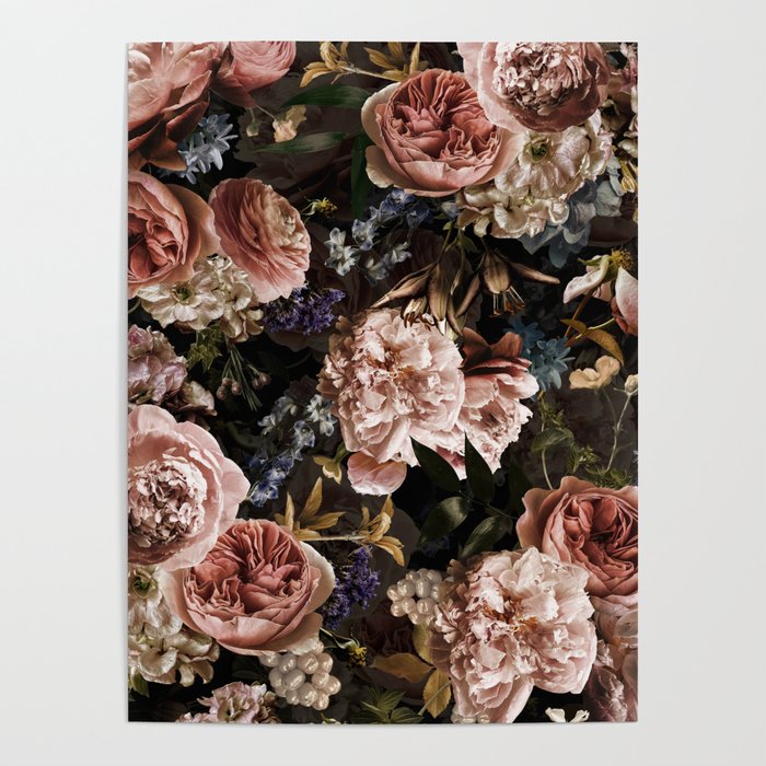 Vintage & Shabby Chic- Real Roses And Peonies Lush Midnight Flowers Botanical Garden Poster Gallery Image 4