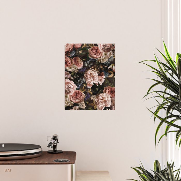 Vintage & Shabby Chic- Real Roses And Peonies Lush Midnight Flowers Botanical Garden Poster Gallery Image 2