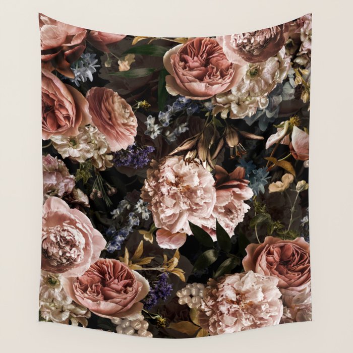 Vintage & Shabby Chic- Real Roses And Peonies Lush Midnight Flowers Botanical Garden Wall Tapestry Gallery Image 1