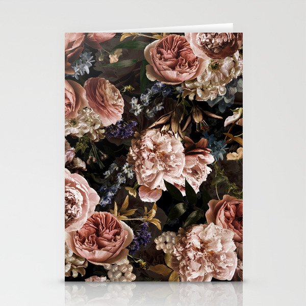 Vintage & Shabby Chic- Real Roses And Peonies Lush Midnight Flowers Botanical Garden Stationery Card Gallery Image 2