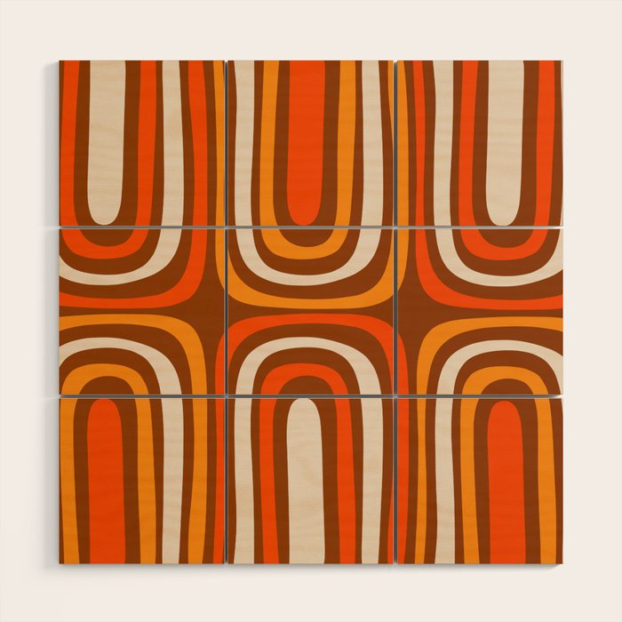 Midcentury Modern Confaab Abstract Pattern in Retro 70s Light Brown and Orange Wood Wall Art Gallery Image 1