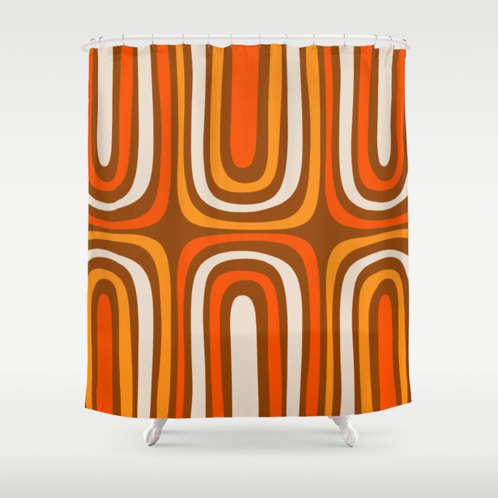 Midcentury Modern Confaab Abstract Pattern in Retro 70s Light Brown and Orange Shower Curtain Gallery Image 1